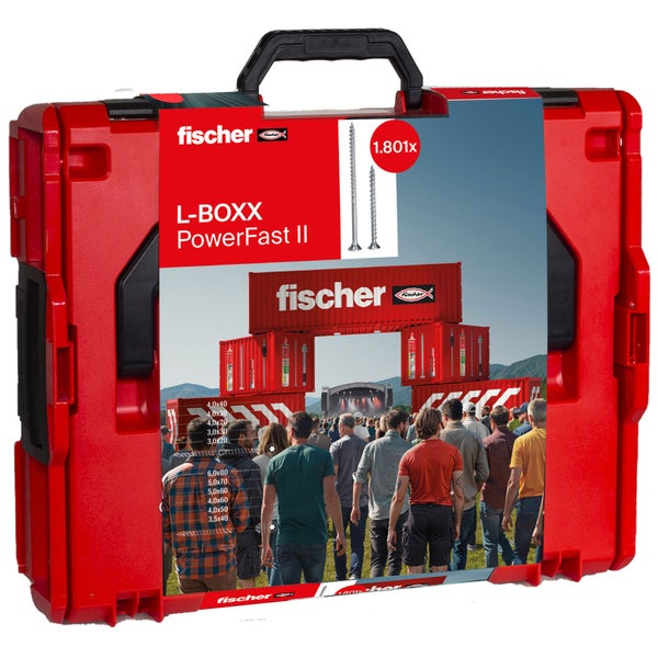 Fischer L-BOXX PowerFast II Schraubensortiment im roten Kunststoffkoffer mit Tragegriff.