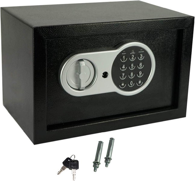 JUNG Safe-Alarm Elektronischer Tresor 14L, Möbeltresor mit Zahlenschloss + 2 Notschlüsseln, Kompakt 31x20x20 cm, 3,8 kg, Doppelstahlbolzen Sicherheitsbox für Hotel, Büro und Heim, Schwarz