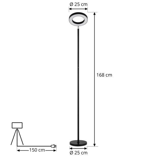 Schwarze LED Stehleuchte mit ringförmigem Kopf, Höhe 168 Zentimeter, Durchmesser 25 Zentimeter, Kabellänge 150 Zentimeter.