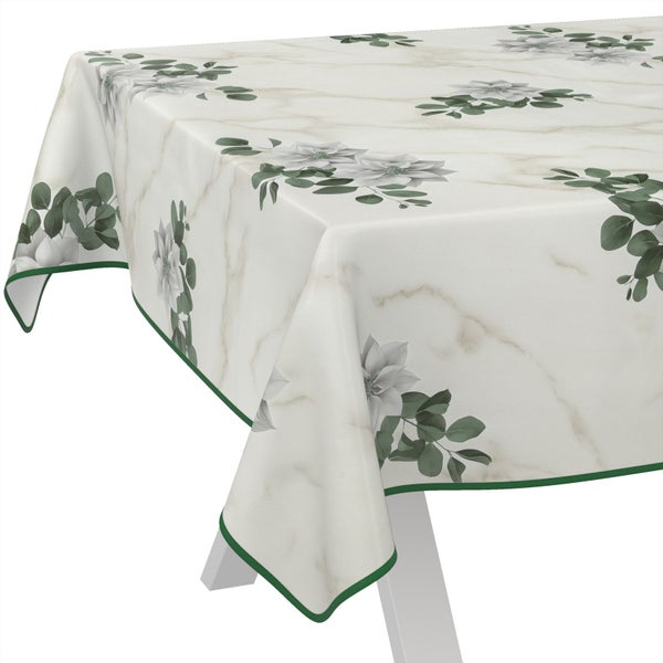 Tischdecke mit Marmor- und Blumenmuster auf Tisch