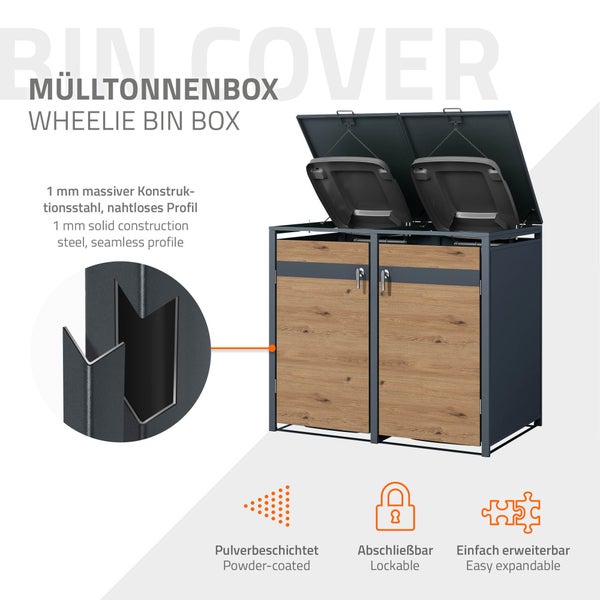 ML-Design Mülltonnenbox 2er 2 Tonnen 240L 132x80x116,3cm Anthrazit-Eichenoptik, Stahl, wetterfest/abschließbar Mülltonnenverkleidung Klappdeckel/2 Türen, Müllbox Mülltonnecontainer Mülltonnenabdeckung