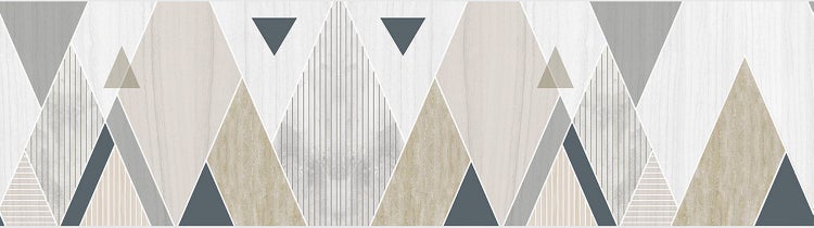Tapetenbordüre mit geometrischem Muster aus überlappenden Dreiecken in Holzoptik, Streifen und Steinoptik.