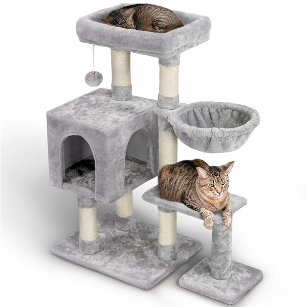 Grauer Kratzbaum mit zwei Katzen, mit Liegeflächen, Höhle und Spielzeug