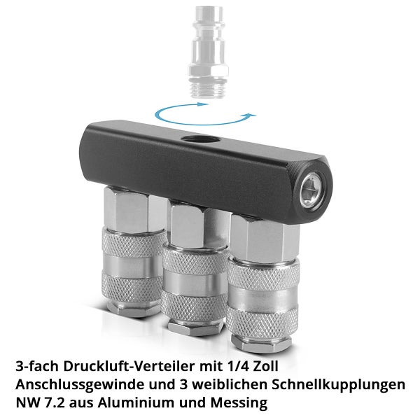 STAHLWERK 2 x 3-fach Druckluft-Verteiler bis 35 bar mit Schnellkupplung 1/4 Zoll