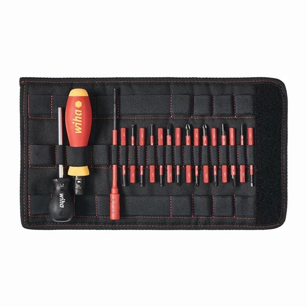 Wiha Schraubendreher-Satz mit verschiedenen Schraubendrehern und Bits in einer schwarzen Rolltasche