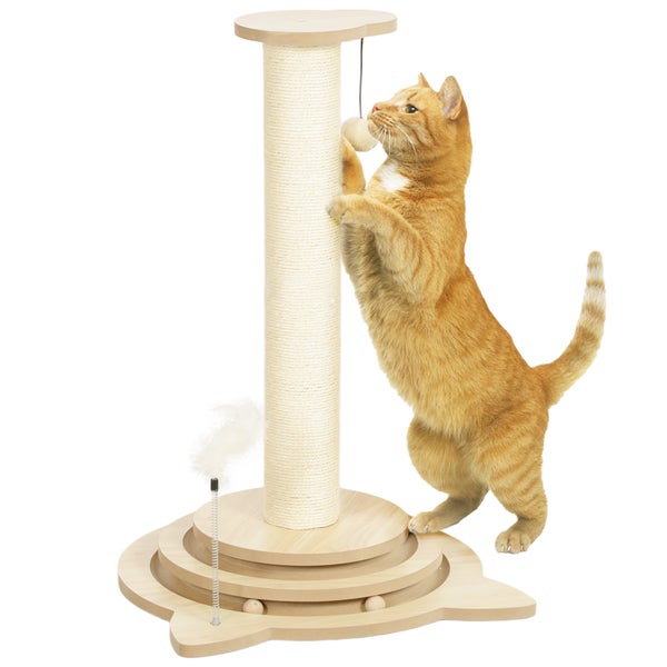 PawHut 4-in-1 Kratzstamm, 69cm Kratzsäule, Sisal-Katzenkratzbaum mit Spielball, Kratzbaum für Katzen, Katzen Kratzmöbel, Indoor, Eiche