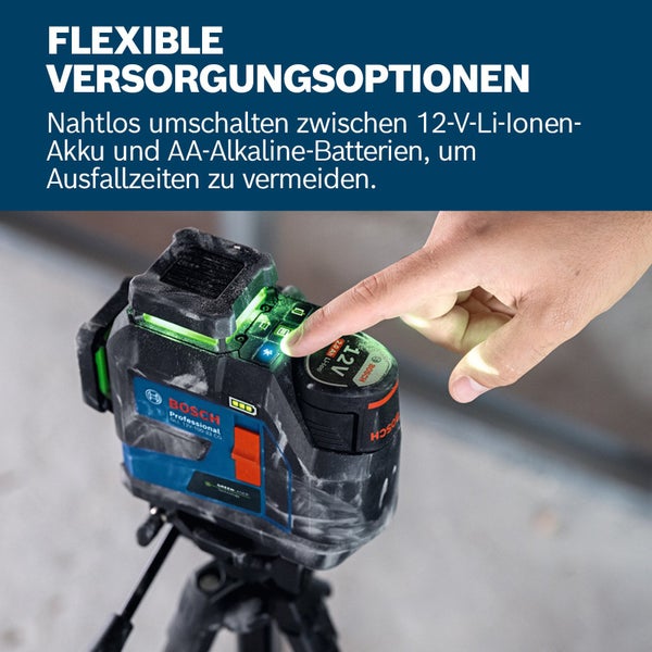 Bosch Professional Linienlaser mit 12-Volt-Lithium-Ionen-Akku und AA-Alkaline-Batterien