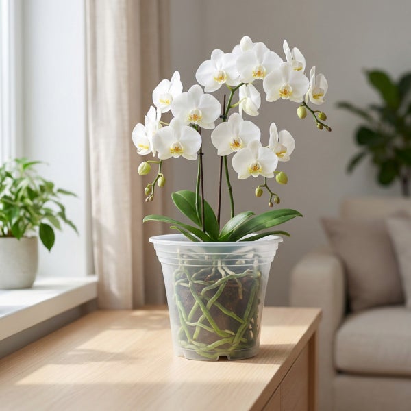 Weiße Orchidee Phalaenopsis in einem transparenten Kunststofftopf auf einem Holztisch in einem hellen Wohnzimmer.