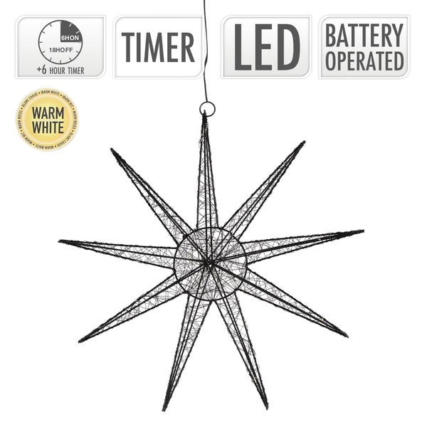 ECD Germany LED Deko Weihnachtsstern mit 50 warmweißen LEDs, 50cm, Schwarz, batteriebetrieben, Metall, Weihnachten Schneeflocke zum Aufhängen mit Beleuchtung & Timer, Innen, Weihnachtsdeko Fensterdeko