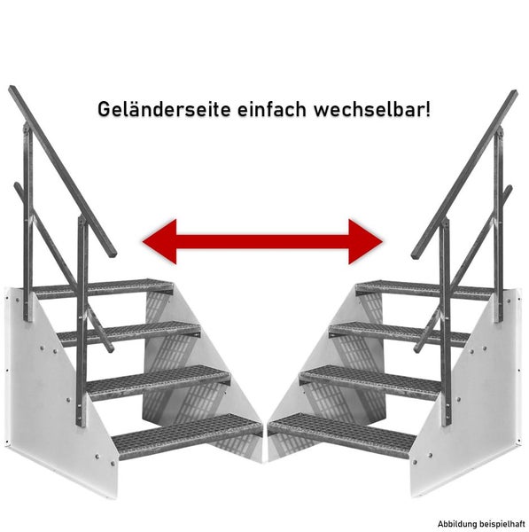Stahltreppe mit Gitterroststufen und beidseitig montierbarem Geländer.