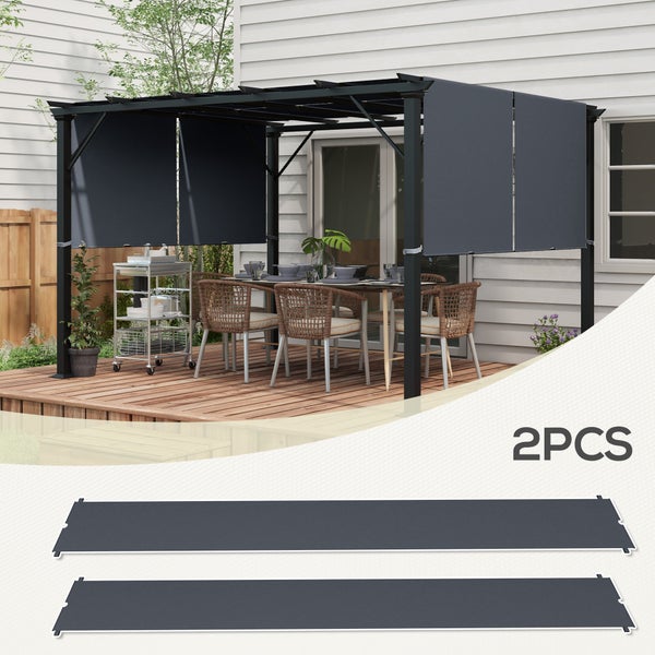 Set aus zwei dunkelgrauen Seitenwänden für eine Pergola aus Stoff, montiert an einer schwarzen Metallpergola auf einer Holzterrasse.