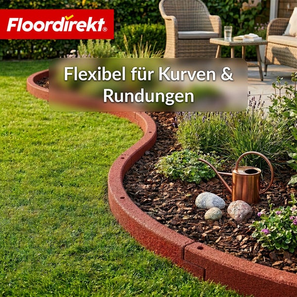Gartenszene mit flexibler Rasenkante aus Gummi zur Gestaltung von Kurven und runden Formen