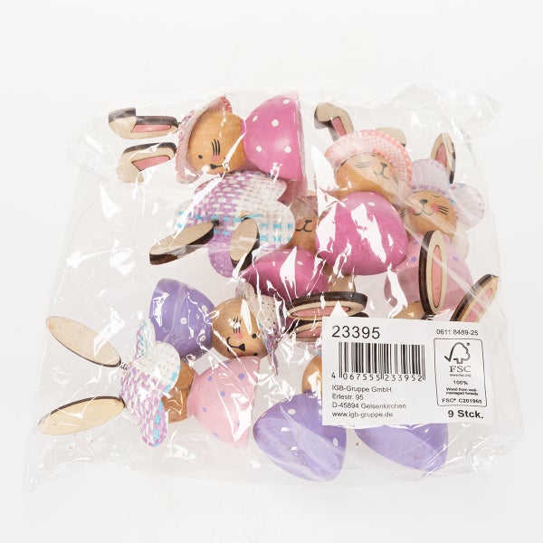 Verpackung mit neun Stück Holzfiguren zum Basteln, bestehend aus Hasenköpfen, Hasenohren und Ostereiern
