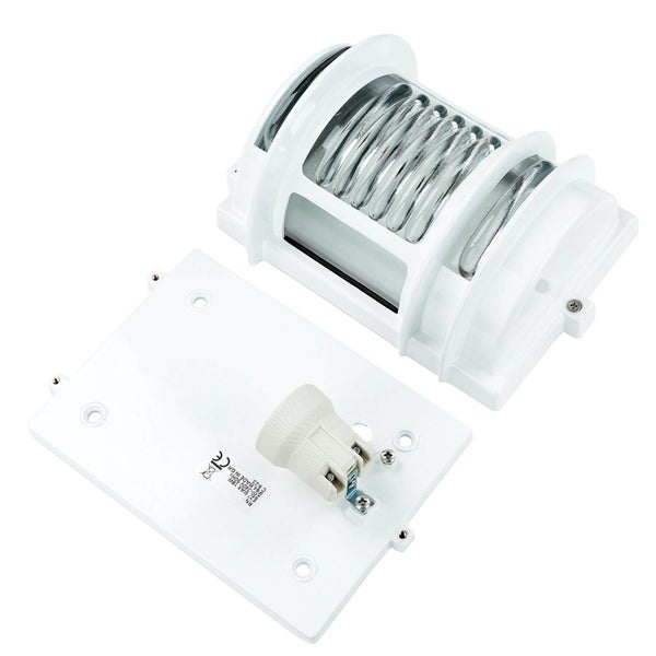 Weiße Wandleuchte zur Montage mit sichtbarer Glühbirne.