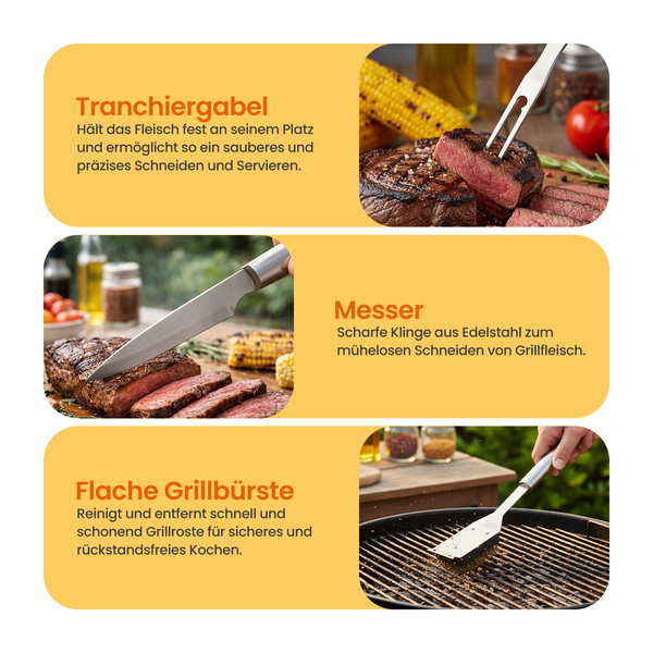 Abbildung von einer Tranchiergabel, einem Messer und einer flachen Grillbürste im Einsatz beim Grillen.