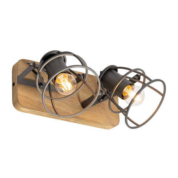 Wandleuchte mit zwei Spots aus Metall mit Holzplatte im Industrie Stil