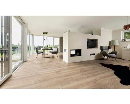 Heller Wohnraum mit Laminatboden, Esstisch und Fernseher