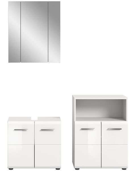 Badezimmer-Möbelset bestehend aus dreitürigem Spiegelschrank, Waschbeckenunterschrank und Beistellschrank in Weiß mit silberfarbenen Griffen.