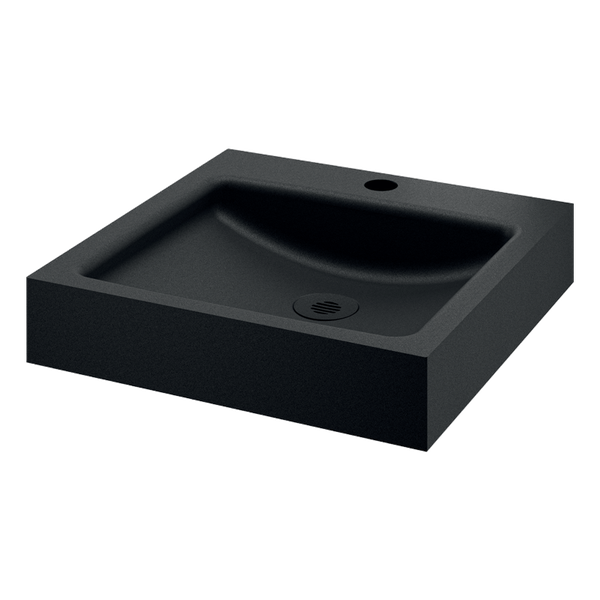 Quadratisches Waschbecken aus Mineralguss mit Hahnloch und Ablauf, schwarz.