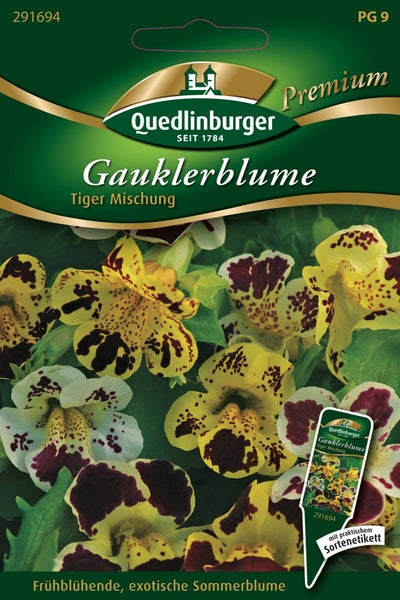 Quedlinburger Samentüte Gauklerblume Tiger Mischung, exotische Sommerblume mit gefleckten Blüten und Sortenetikett.