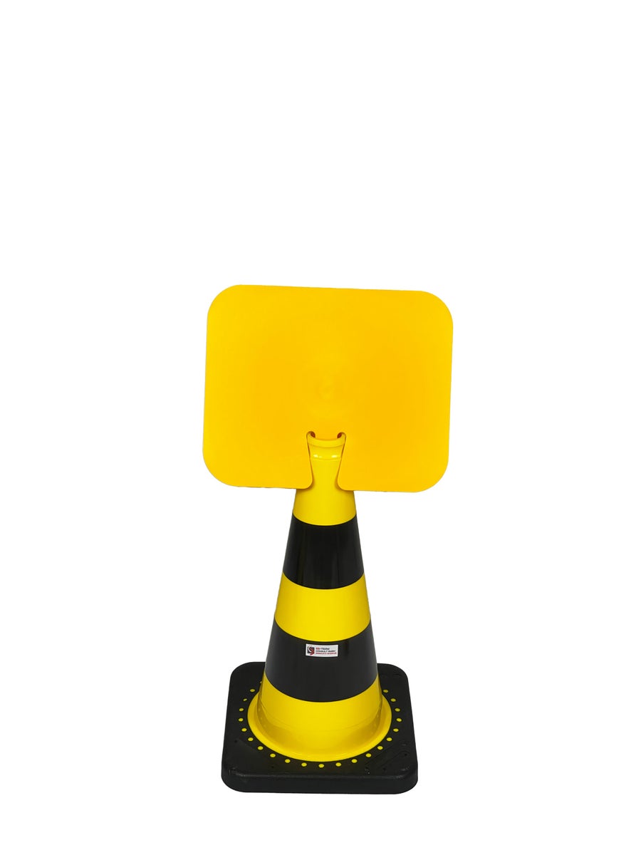 UvV Flex Kegel 50 oder 75cm weiße Streifen + Aufsteckschild Wunschtext / Kegel 500 mm / gelb/schwarz- gelbes Schild