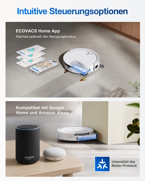 Szenenbild mit einem Saugroboter, einer Smartphone-App, einem Amazon Echo und einem Google Home Mini für intuitive Steuerungsmöglichkeiten.
