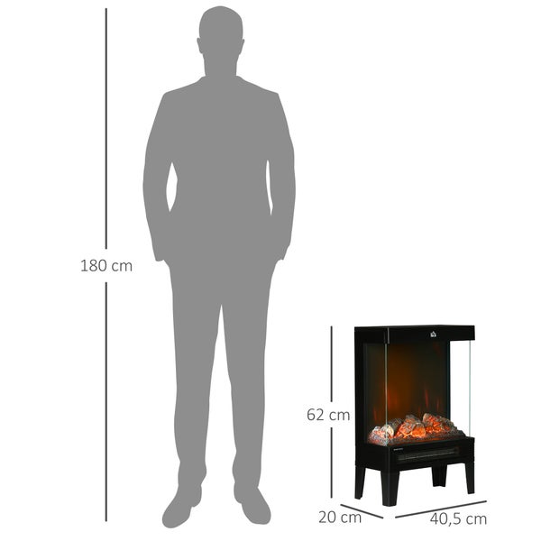Abmessungen des Elektrokamins im Vergleich zu einer 180 cm großen Person.