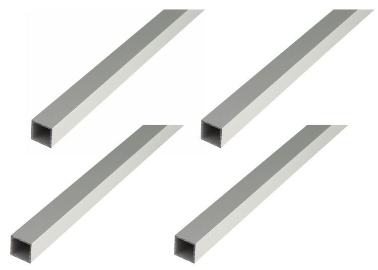Vier Aluminium Vierkantrohre als Set für vielseitige Konstruktionszwecke im Innen und Außenbereich.