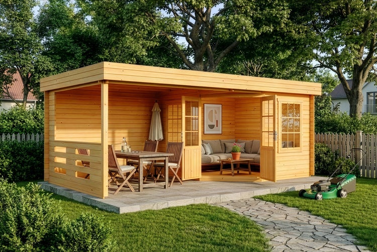 Modernes Gartenhaus aus hellem Holz mit Flachdach, überdachter Terrasse mit Essplatz, Lounge-Ecke und Rasenmäher in einem Garten.