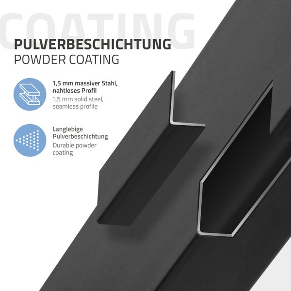 Infografik zeigt Eigenschaften von pulverbeschichtetem Stahlprofil: 1,5 Millimeter massiver Stahl, nahtloses Profil und langlebige Pulverbeschichtung.
