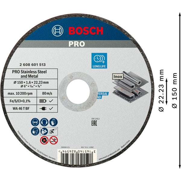 Bosch PRO Stainless Steel and Metal Trennscheibe 150 x 1,6 x 22,23 mm - 2608601513