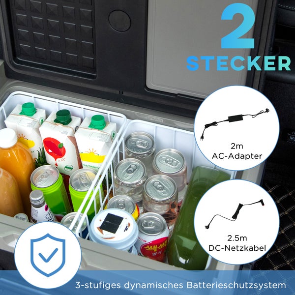 Elektrische Kühlbox mit Getränken, 2 Meter Wechselstrom-Adapter, 2,5 Meter Gleichstrom-Kabel und 3-stufiges dynamisches Batterieschutzsystem.