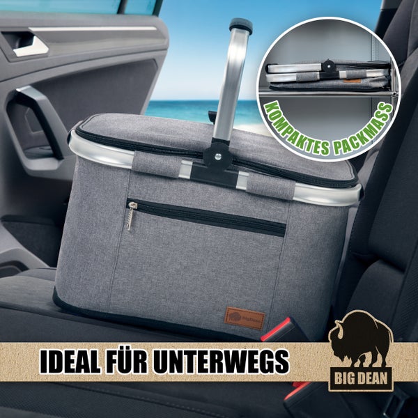 Graue Kühltasche von Big Dean im Auto, mit Hinweis auf kompaktes Packmaß