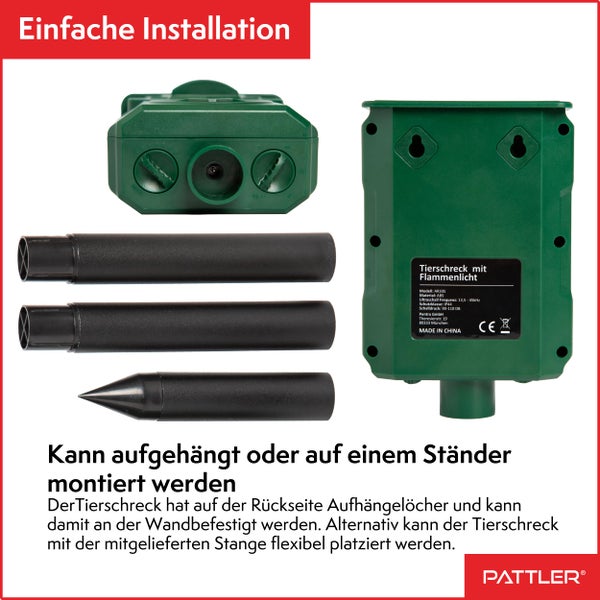 PATTLER® Solar Tierschreck, Marderschreck, Hundeschreck - Bewegungssensor mit 10m Reichweite - Flammenlicht zur Abschreckung - effektiv gegen Hunde, Vögel, Marder – 1 Stück