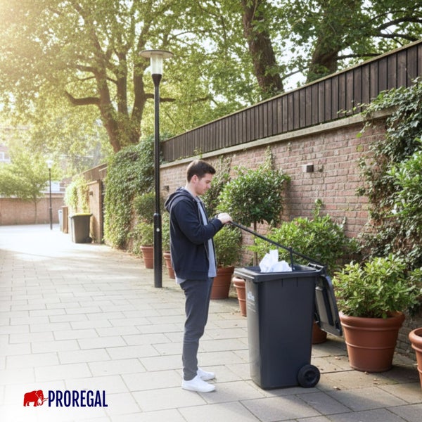 Eine Person wirft Müll in eine Mülltonne mit Rädern im Freien.