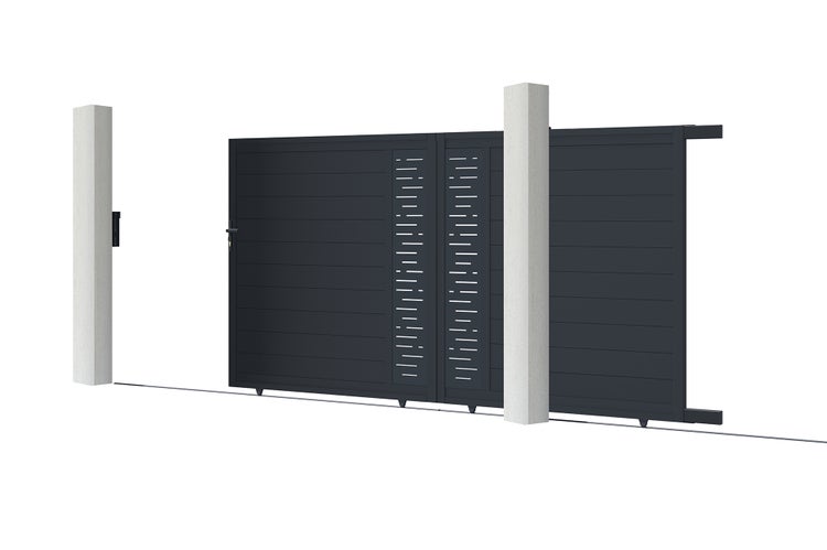 Schiebetor 3m ARLBERG H.180cm graues Aluminium + 2 Pfosten 20x20cm H.190cm