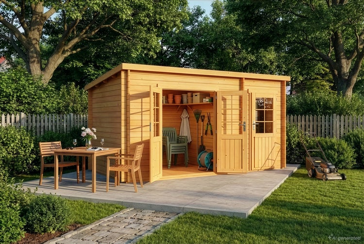 Holzgartenhaus mit Pultdach und Flügeltüren steht auf einer Terrasse im Garten neben einer Sitzgruppe und einem Rasenmäher.