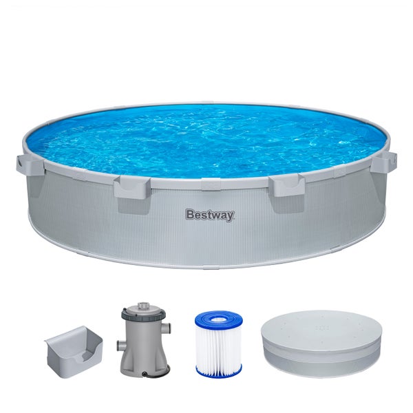 Bestway Frame Pool Set rund mit Filterpumpe, Filterkartusche und Zubehör.