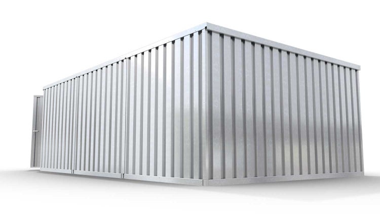Lagercontainer Gerätehaus M3  – 18 qm, H2115 x B3050 x T6520 mm, verzinkt, ohne Fußboden, 1830 mm Doppelflügeltür mittig in Stirnseite und 1270 mm Einflügeltür mittig in Modul C, zerlegt