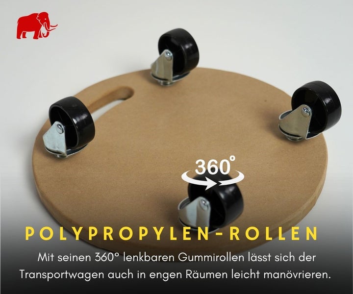 Wagner System Logo. Runder Transportroller mit um 360 Grad drehbaren Rollen aus Polypropylen.
