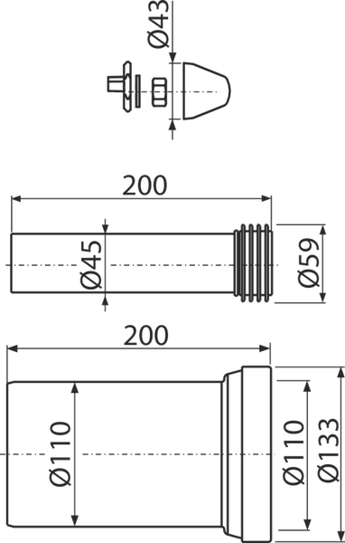 Technische Zeichnung eines Rohrverbinders mit Durchmesser und Längenangaben in Millimeter.