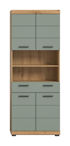 Moderner Wohnzimmerschrank mit zwei Türen, zwei Schubladen und einem offenen Fach in Eichenoptik und mattem Finish.