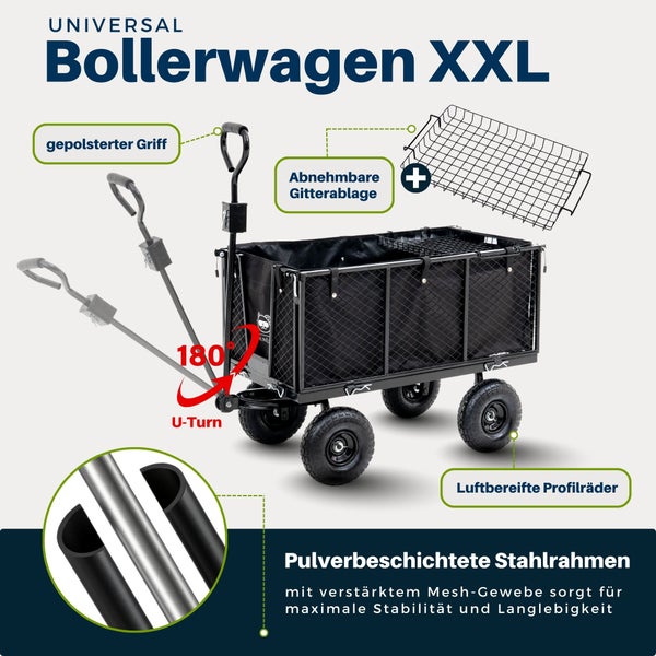 Bollerwagen XXL mit gepolstertem Griff, abnehmbarer Gitterablage, 180 Grad Wendefunktion, luftbereiften Profilrädern und pulverbeschichtetem Stahlrahmen.