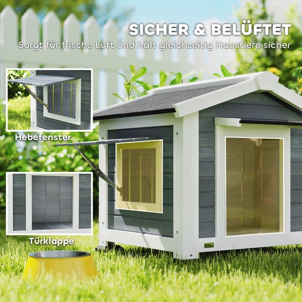 Grau-weiße Hundehütte aus Holz mit Satteldach im Garten. Details zeigen ein Belüftungsfenster und eine transparente Türklappe. PawHut Logo.