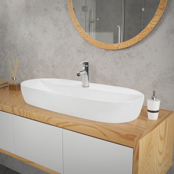 ML-Design Waschbecken aus Keramik in Weiß 80x40x12 cm Oval inkl. Ablaufgarnitur, Moderne Aufsatzwaschbecken, Design Waschtisch Aufsatz-Waschschale Waschplatz Handwaschbecken, für Badezimmer/Gäste-WC