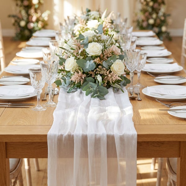 Festlich gedeckter langer Holztisch mit weißem Tischläufer, Blumengesteck aus Rosen, Eukalyptus und Kristallgläsern für eine elegante Tischdeko.