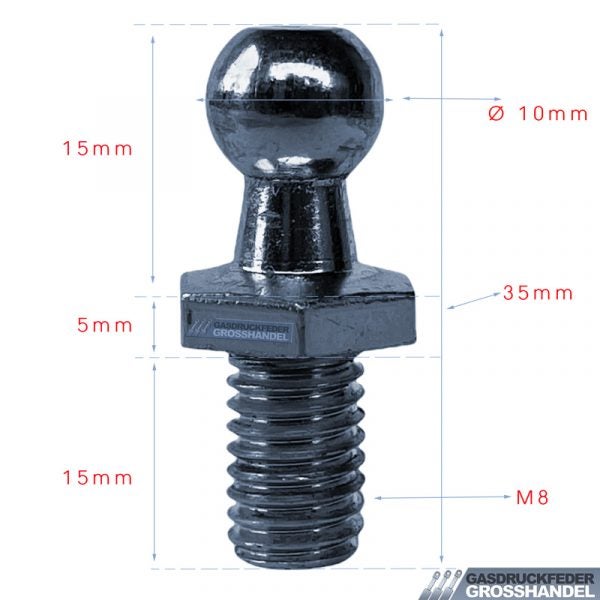Kugelzapfen aus Metall mit M8-Gewinde, 35 Millimeter Gesamtlänge und 10 Millimeter Kugeldurchmesser.