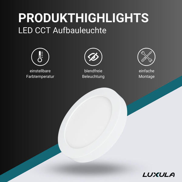 Produktdarstellung einer LED CCT Aufbauleuchte mit einstellbarer Farbtemperatur, blendfreier Beleuchtung und einfacher Montage