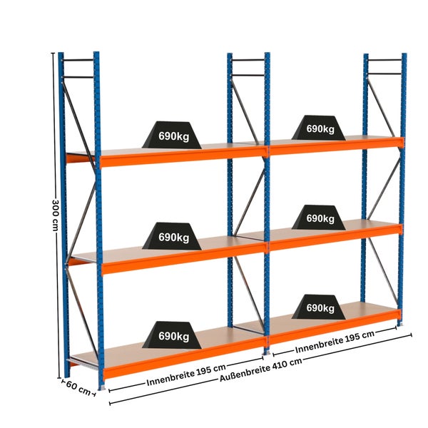 Lagerregal mit drei Ebenen und Gewichtsangaben
