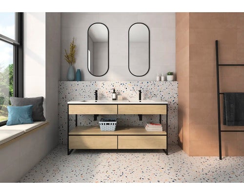 Modernes Badezimmer mit Doppelwaschtisch, Spiegeln und Terrazzoboden